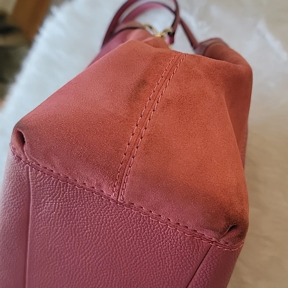COACH Lexy Large Pink Rose Pebbled Leather‎ Suede Double Handle Shoulder Bag